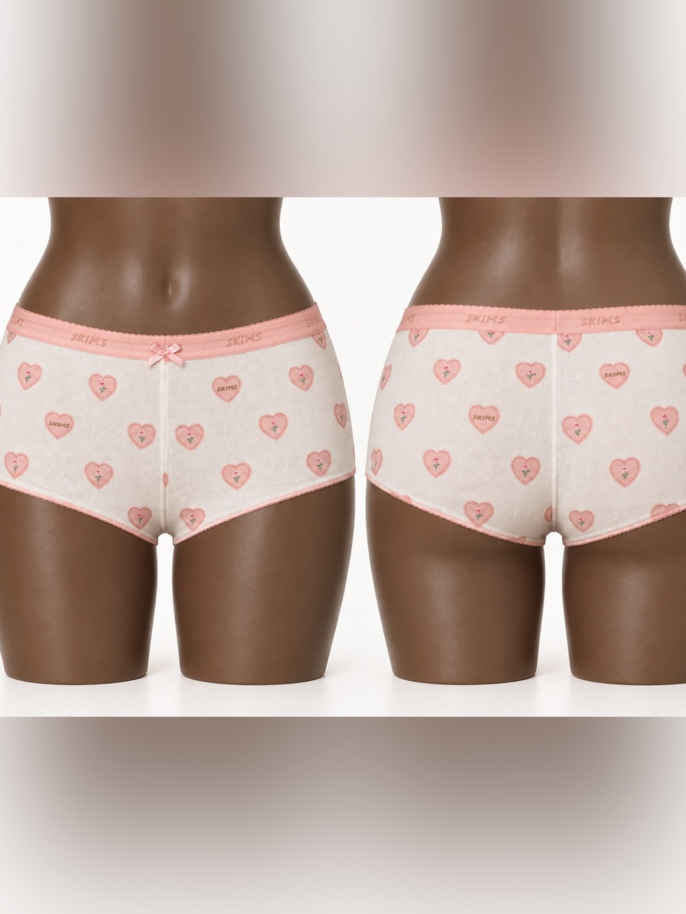 SKIMS Heart Print Pointelle Boyshort Underwear Pink White Size S